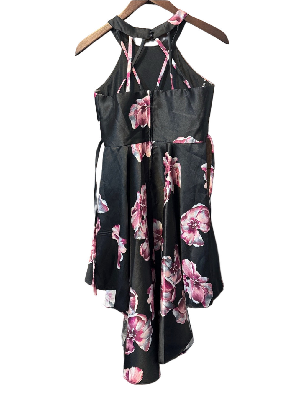 Poppies & Roses Floral Black High-Low Halter Dress with Pink Blooms Size 14 - Picture 4 of 4